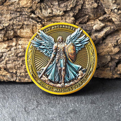 Strugglejewelry Archangel Michael coin held in hand shows portable faith symbol