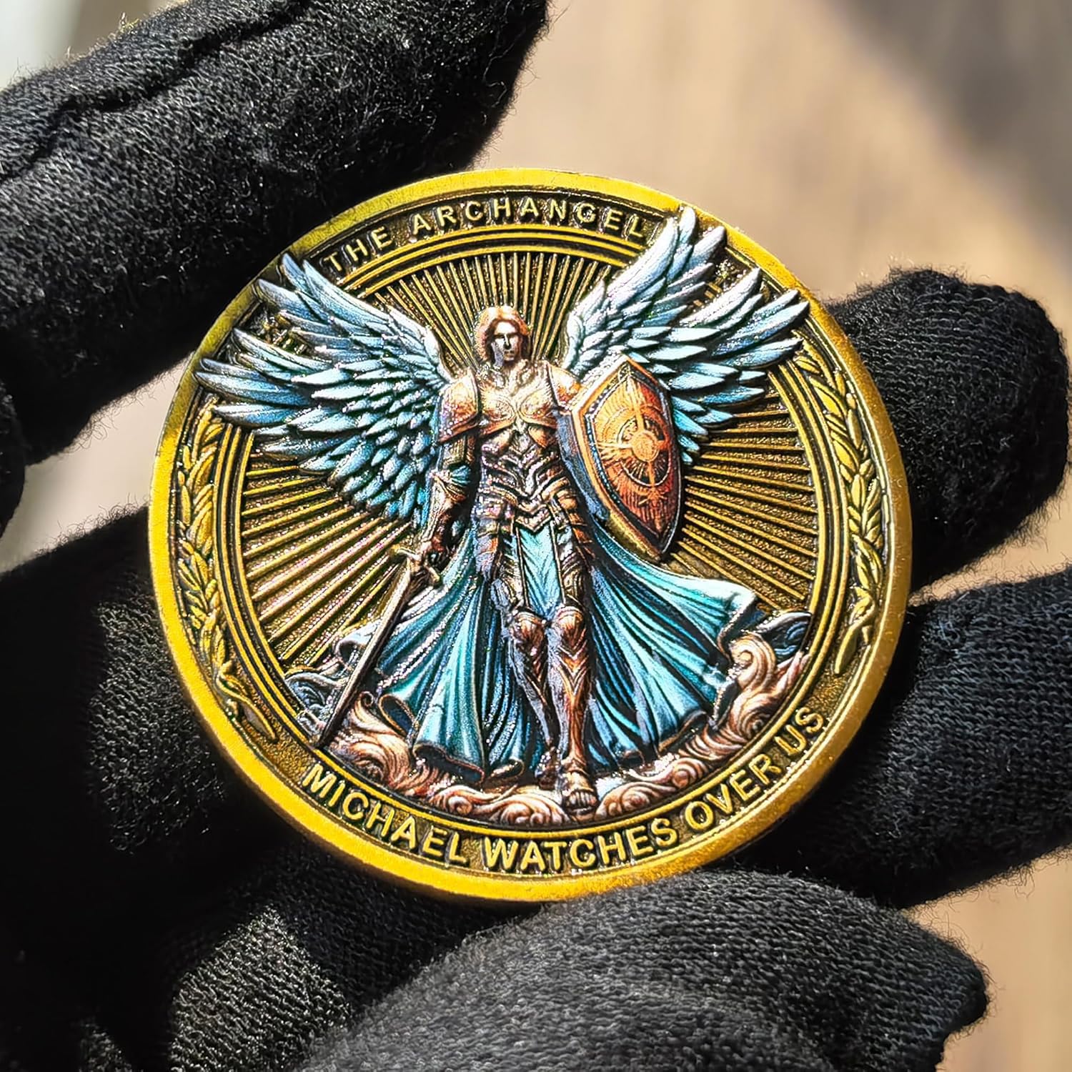 Strugglejewelry Archangel Michael coin side view highlighting intricate craftsmanship