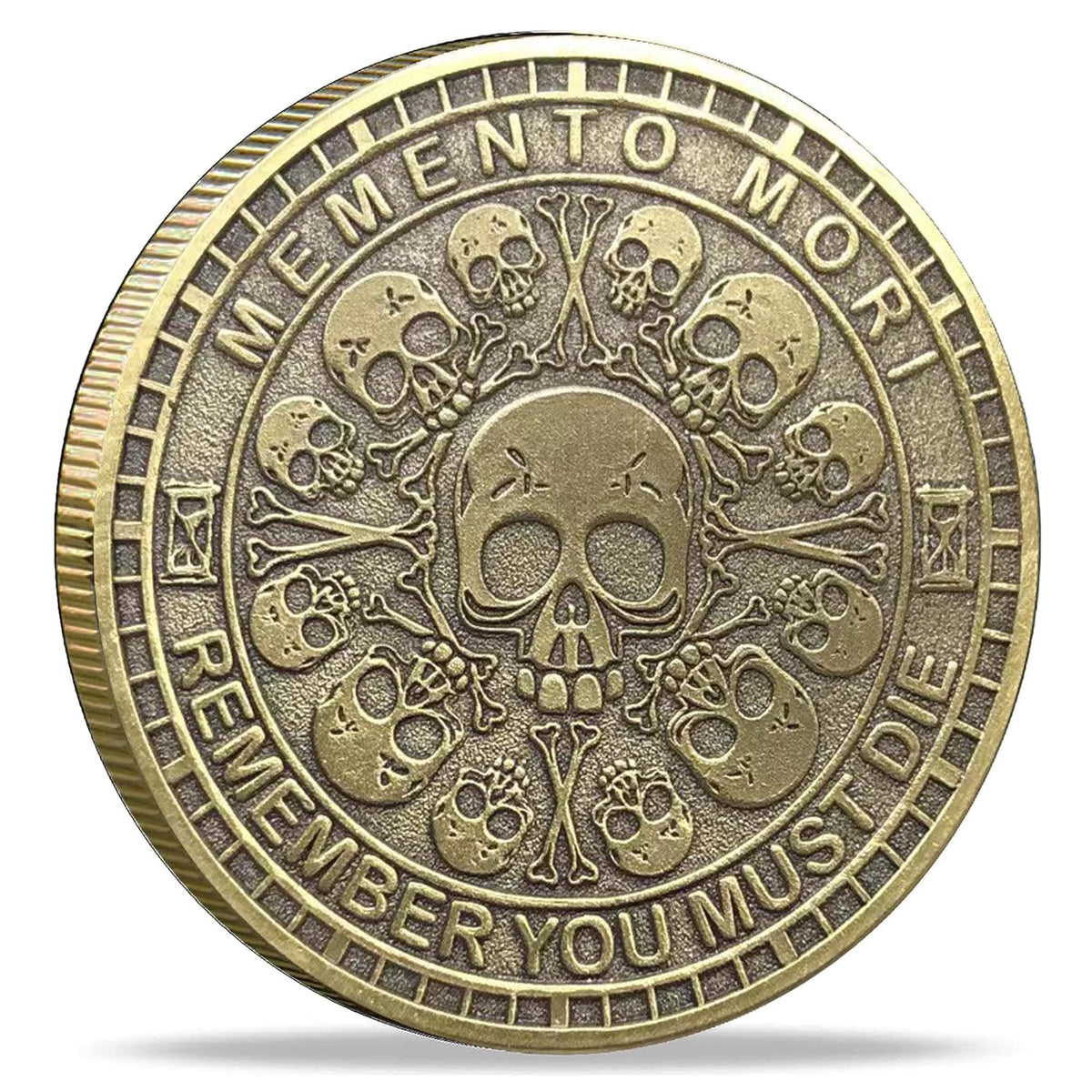 Strugglejewelry Memento Mori coin bronze front shows durable daily reflection token