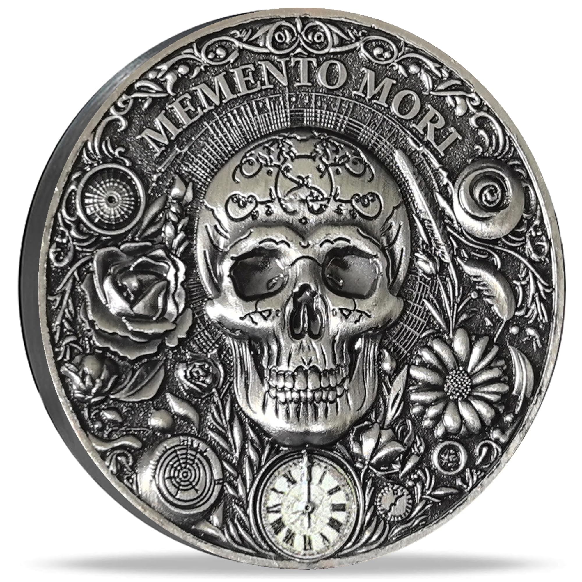 Strugglejewelry Memento Mori Vivere coin front view with skull and floral engraving.