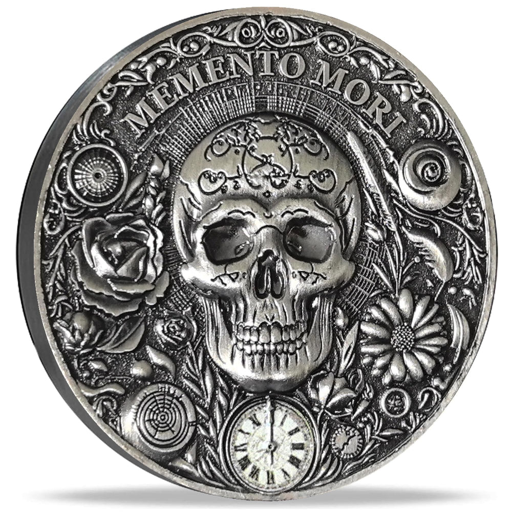 Strugglejewelry Memento Mori Vivere coin front view with skull and floral engraving.