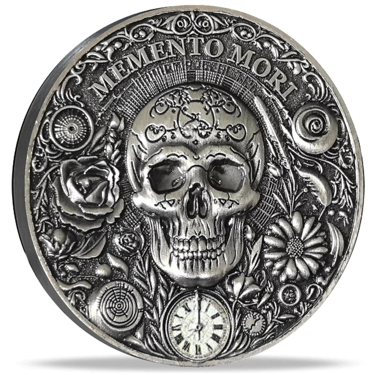 Strugglejewelry Memento Mori Vivere coin front view with skull and floral engraving.