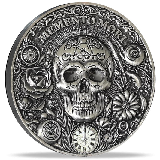 Strugglejewelry Memento Mori Vivere coin front view with skull and floral engraving.