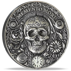Strugglejewelry Memento Mori Vivere coin front view with skull and floral engraving.