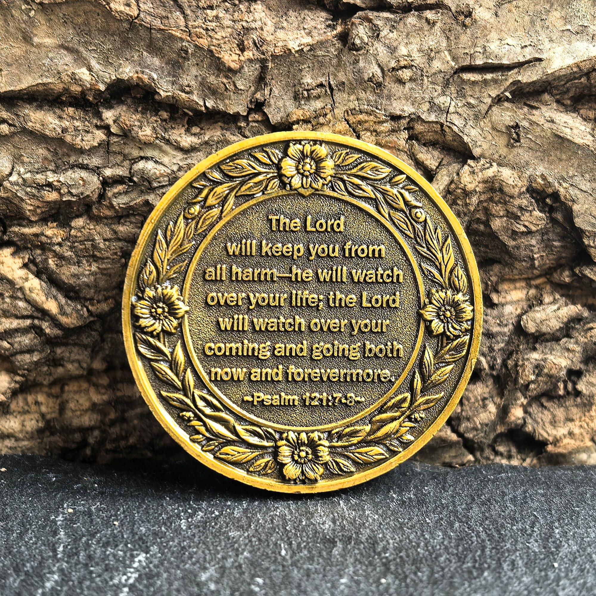 Strugglejewelry Psalm 121:7-8 reverse inscription on gold coin