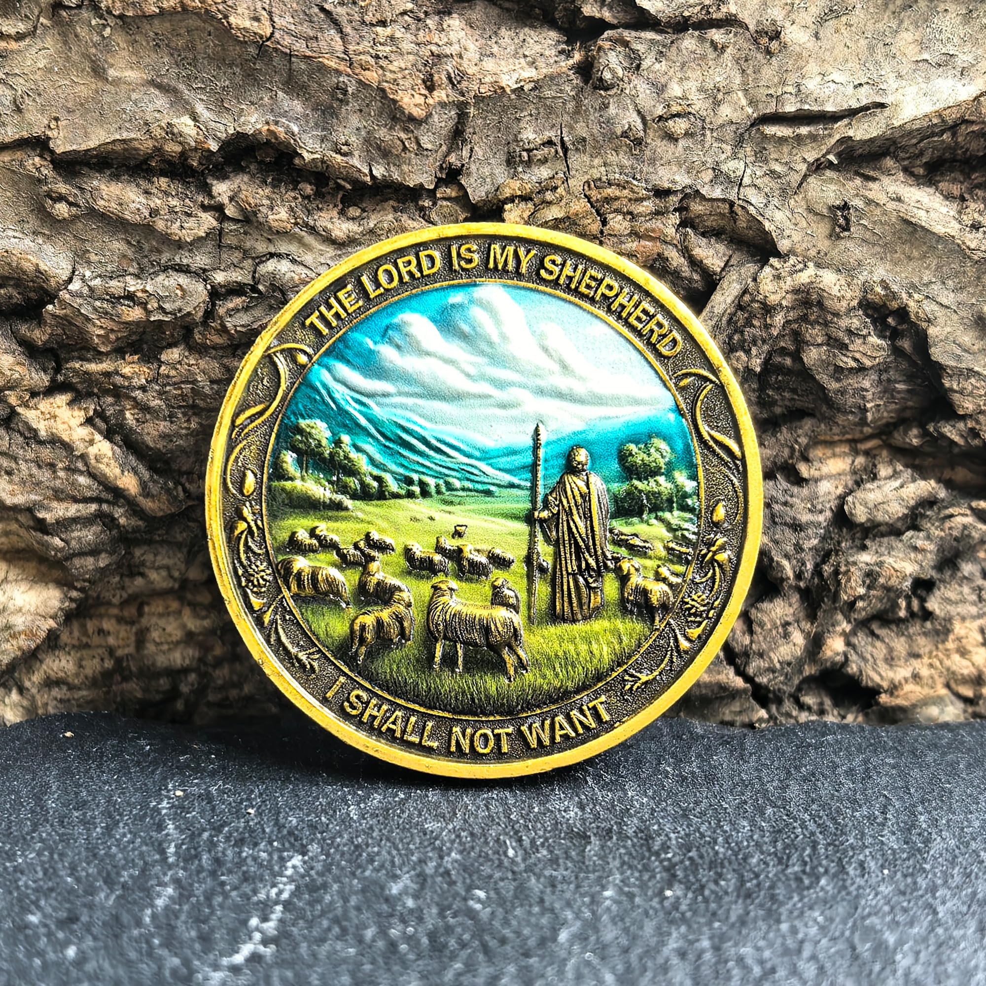 Strugglejewelry Psalm 23:1 inscription on gold coin for guidance