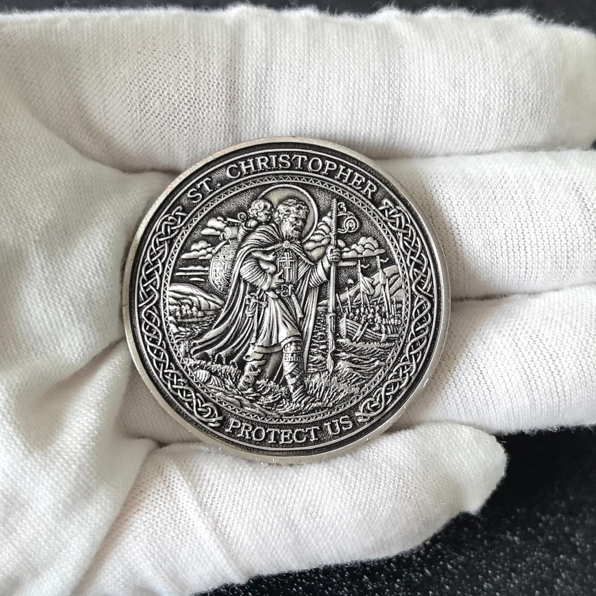 Strugglejewelry Saint Christopher carrying Christ Child depiction for travel devotion.