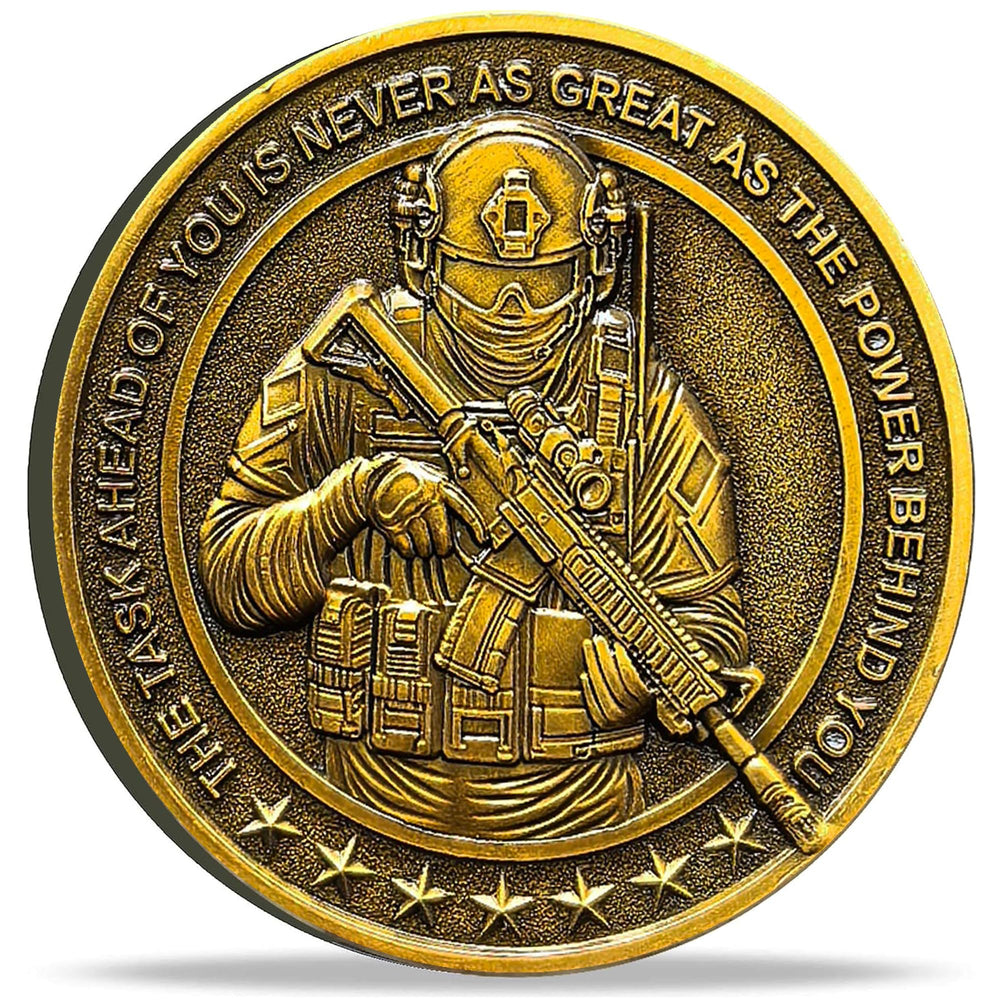 Strugglejewelry Task Ahead coin front shows a military figure for daily motivation
