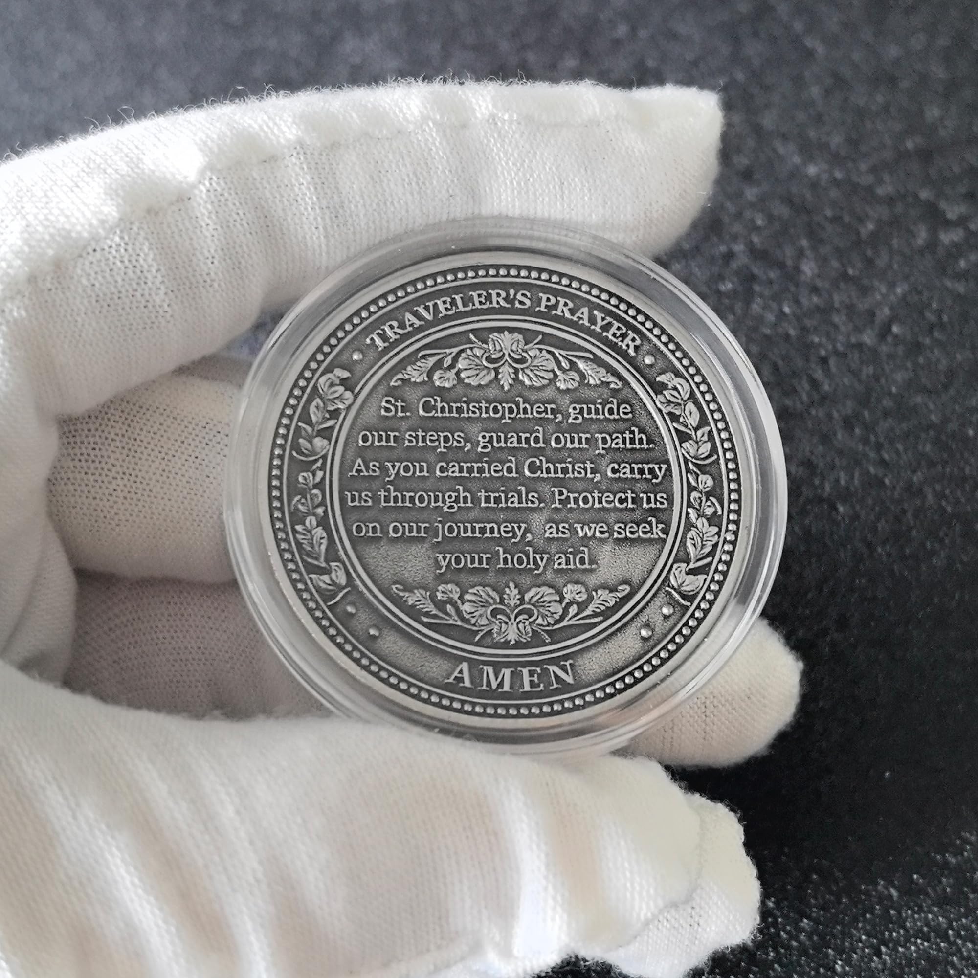 Strugglejewelry medallion showing Traveler's Prayer engraving for guidance.