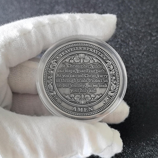 Strugglejewelry medallion showing Traveler's Prayer engraving for guidance.