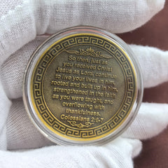 Strugglejewelry Tree of Faith coin back features Colossians 2:6-7 for rooted living.