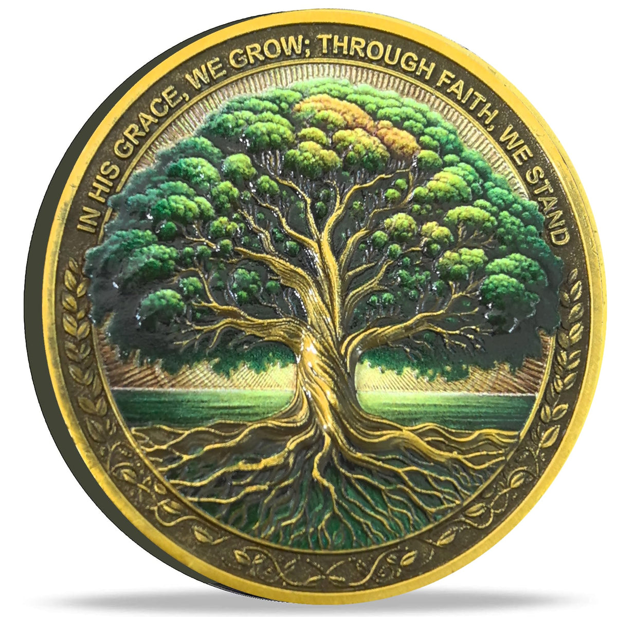 Strugglejewelry Tree of Faith coin front shows a rooted tree for daily inspiration.