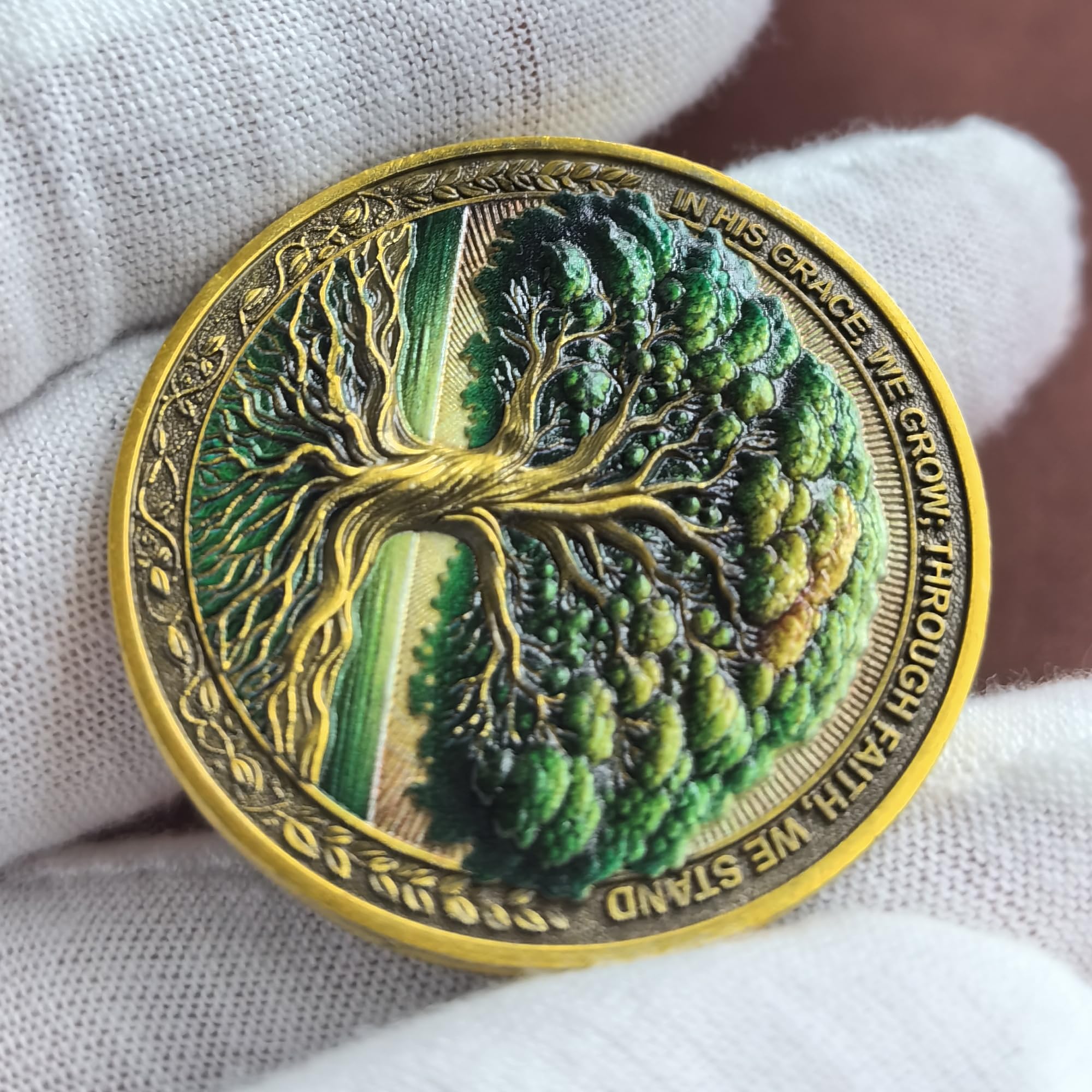 Strugglejewelry Tree of Faith coin table display highlights elegant design.