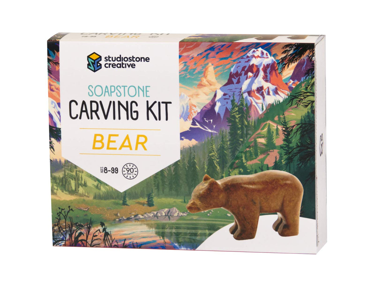 STUDIOSTONE CREATIVE soapstone bear sculpture kit for beginners and adults.