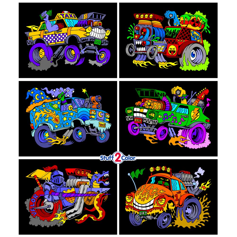 Stuff2Color Monster Cars poster 1: engaging velvet surface for imaginative coloring.