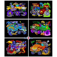 Stuff2Color Monster Cars poster 1: engaging velvet surface for imaginative coloring.