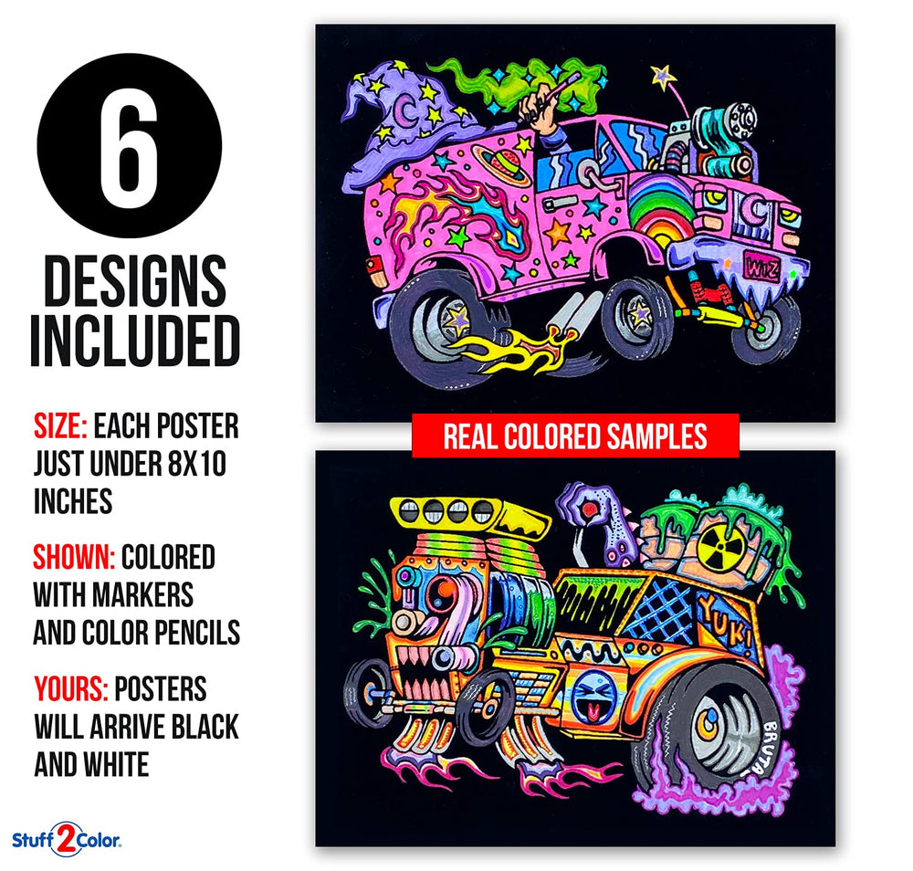 Stuff2Color Monster Cars poster 2: ideal for quiet time coloring with friends.