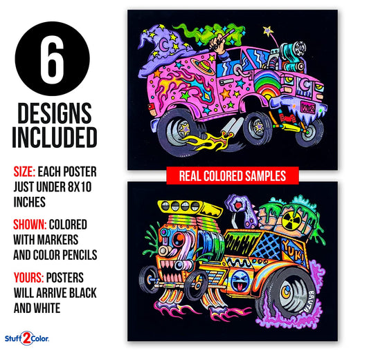 Stuff2Color Monster Cars poster 2: ideal for quiet time coloring with friends.