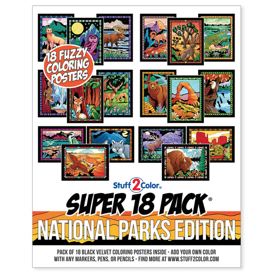 Stuff2Color National Parks 18-pack posters stacked for easy family coloring.