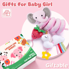 Stuffed soft tummy-time toys support reaching and grasping from newborn to 12 months.