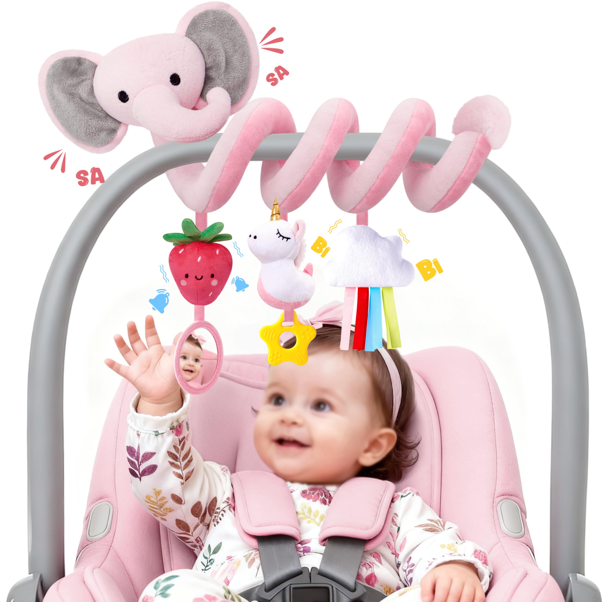 Stuffed spiral car seat toy Elephant Pink supports early visual tracking during car rides.