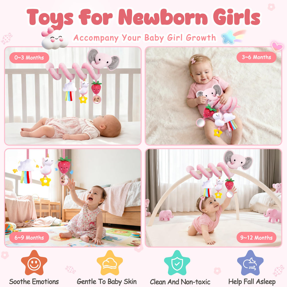 Stuffed spiral car seat toy Unicorn plush stimulates auditory and tactile play.