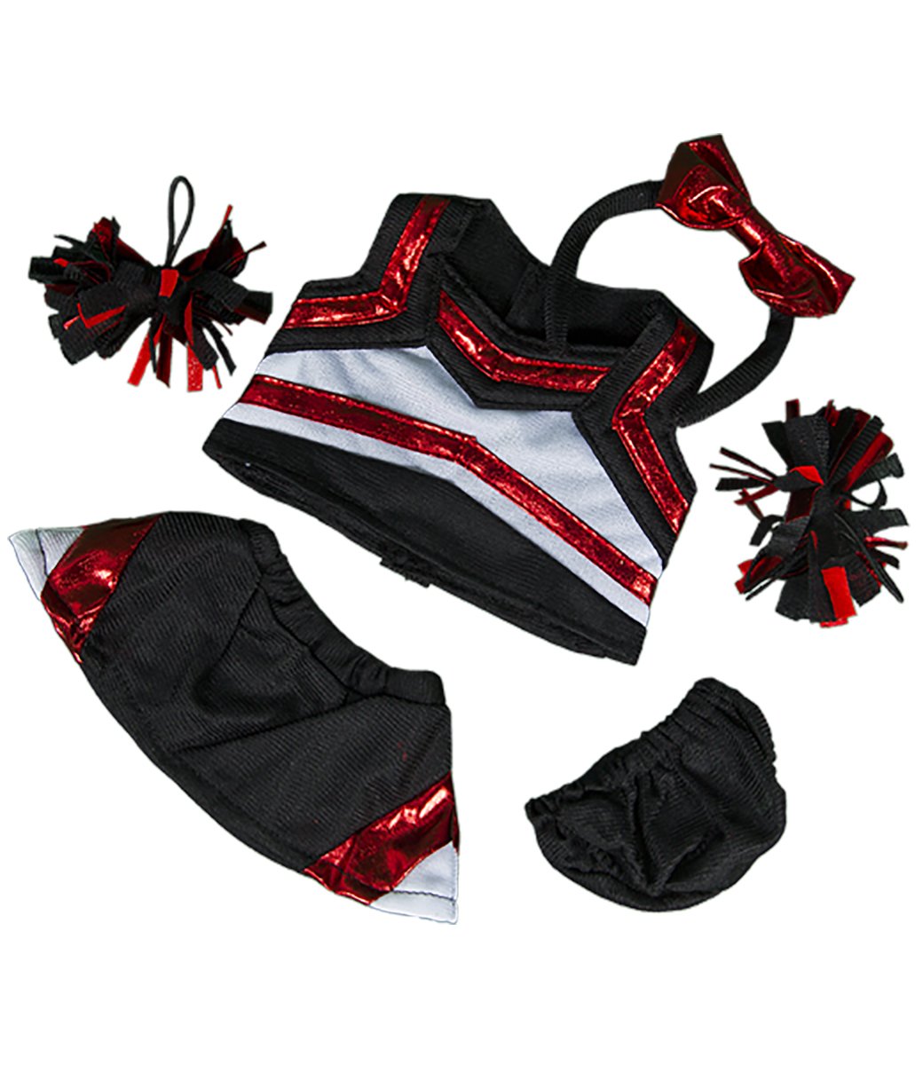 Stuffems metallic red and black cheerleader outfit on an 8-10 inch plush, perfect for dress-up.