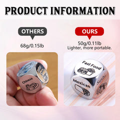 STUNFASSOO dice next to menu, helping couples quickly decide takeout or dine-in