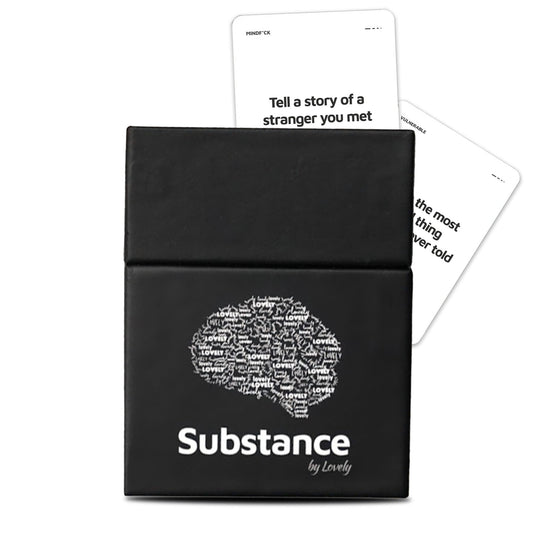 Substance Card Game cover image showcasing a cozy game night setup for meaningful talk.