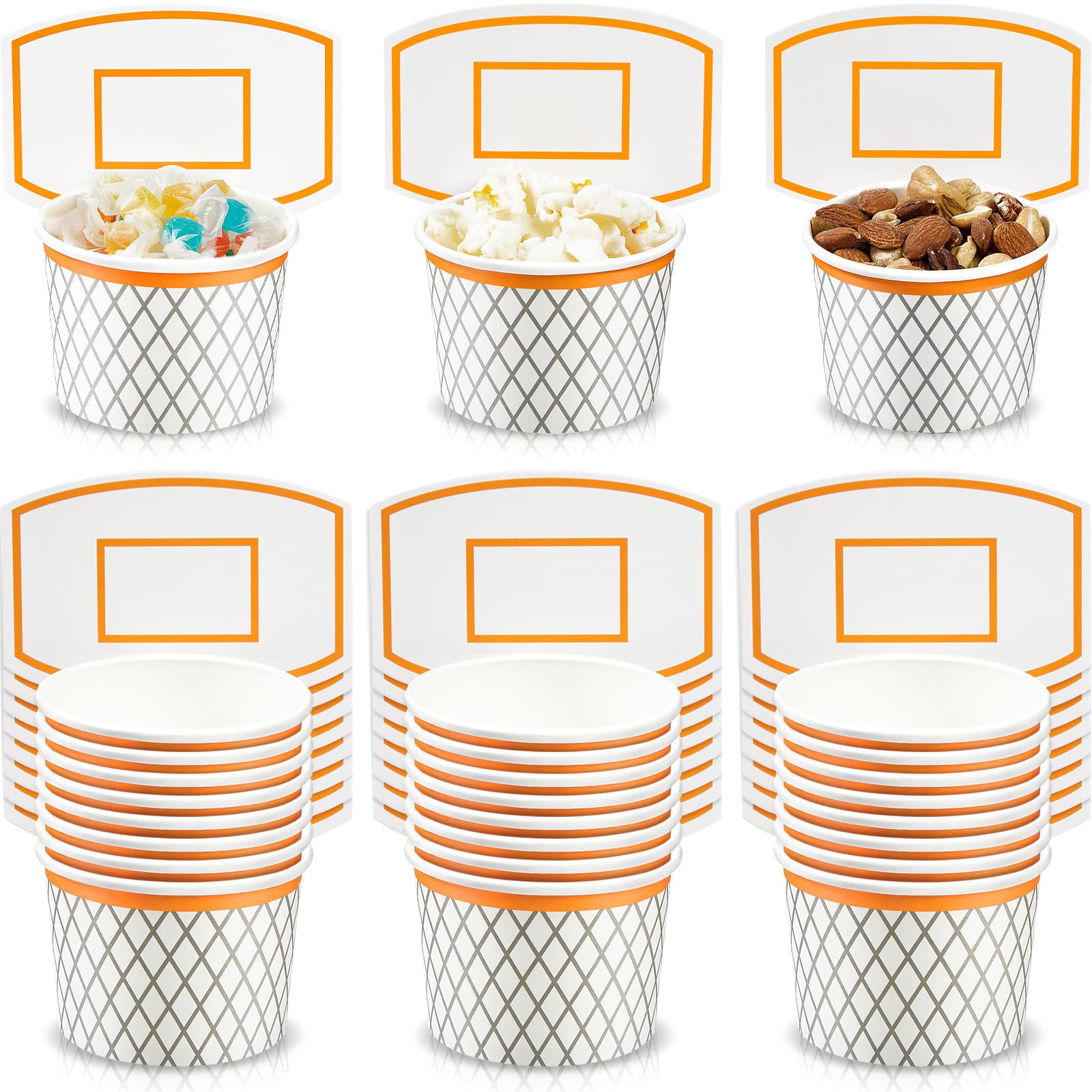 Suclain basketball hoop snack cups, front view, shows bright design and 24-pack value.