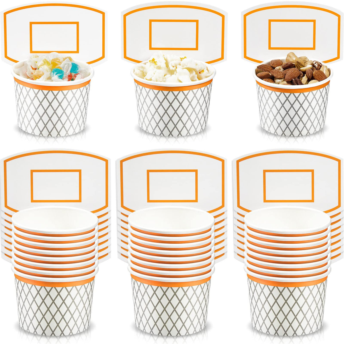 Suclain basketball hoop snack cups, front view, shows bright design and 24-pack value.