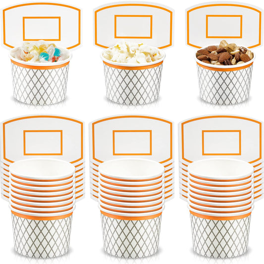 Suclain basketball hoop snack cups, front view, shows bright design and 24-pack value.