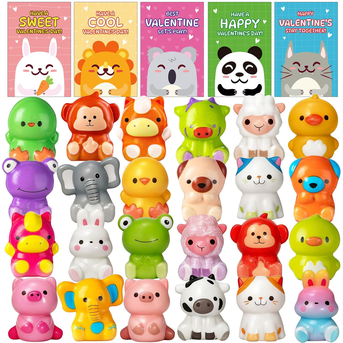 Sufuplay 24-pack valentines gifts for kids with slow rising toys for classroom exchanges.