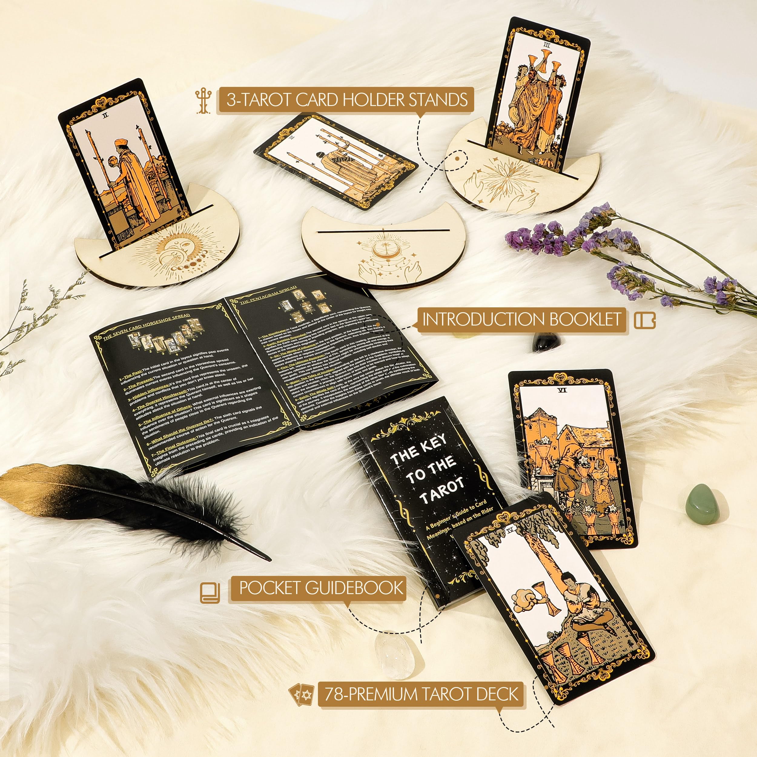 Sugeya 3-piece card stands hold spreads for easy reading.