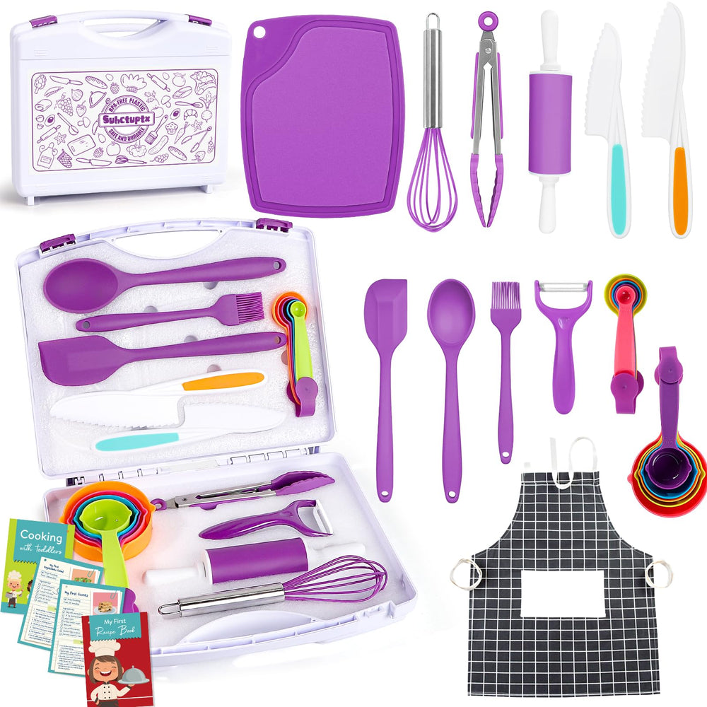 Suhctuptx kids cooking set storage box keeps tools organized for easy cleanup.