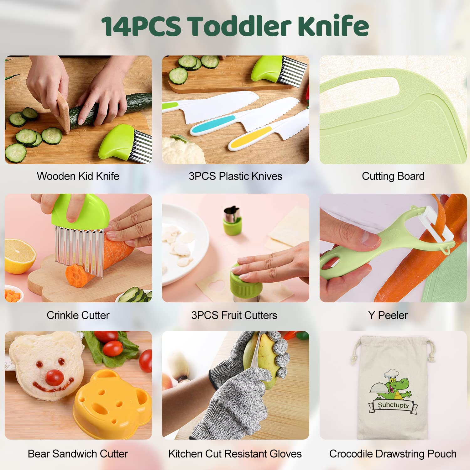 Suhctuptx cutting board paired with kid knives for safe prep.