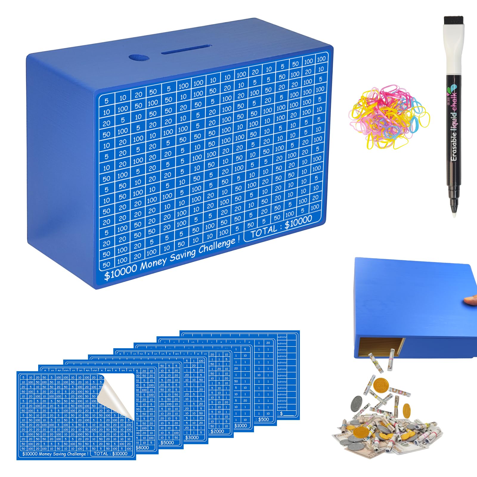 Suifaly wooden money-saving box with blue finish shows visual progress toward goals.