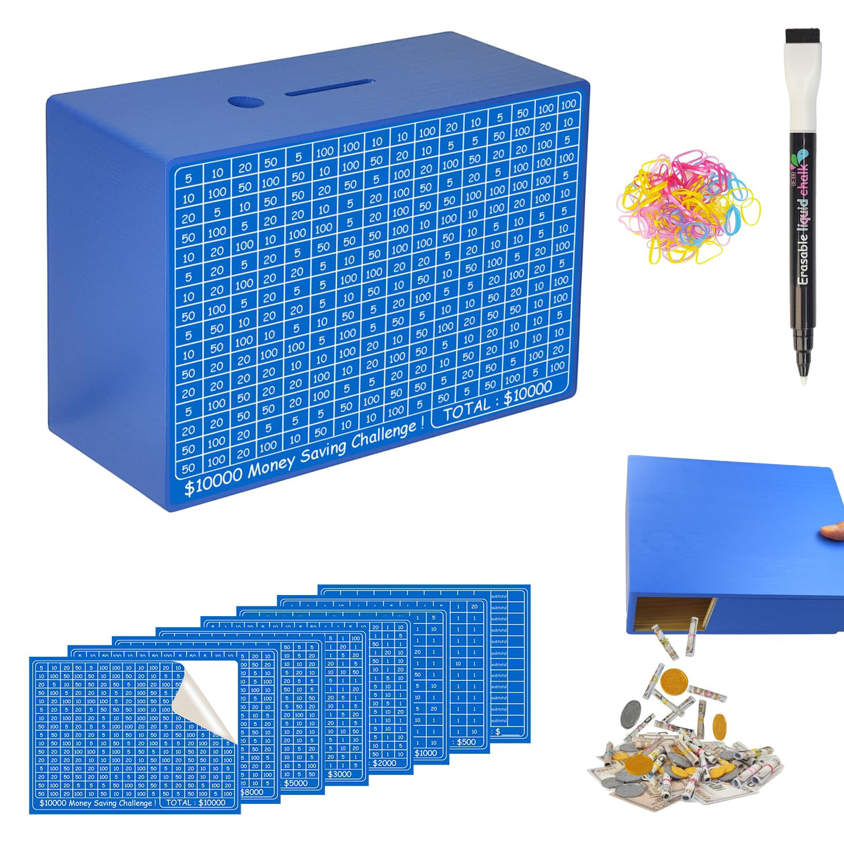 Suifaly wooden money-saving box with blue finish shows visual progress toward goals.