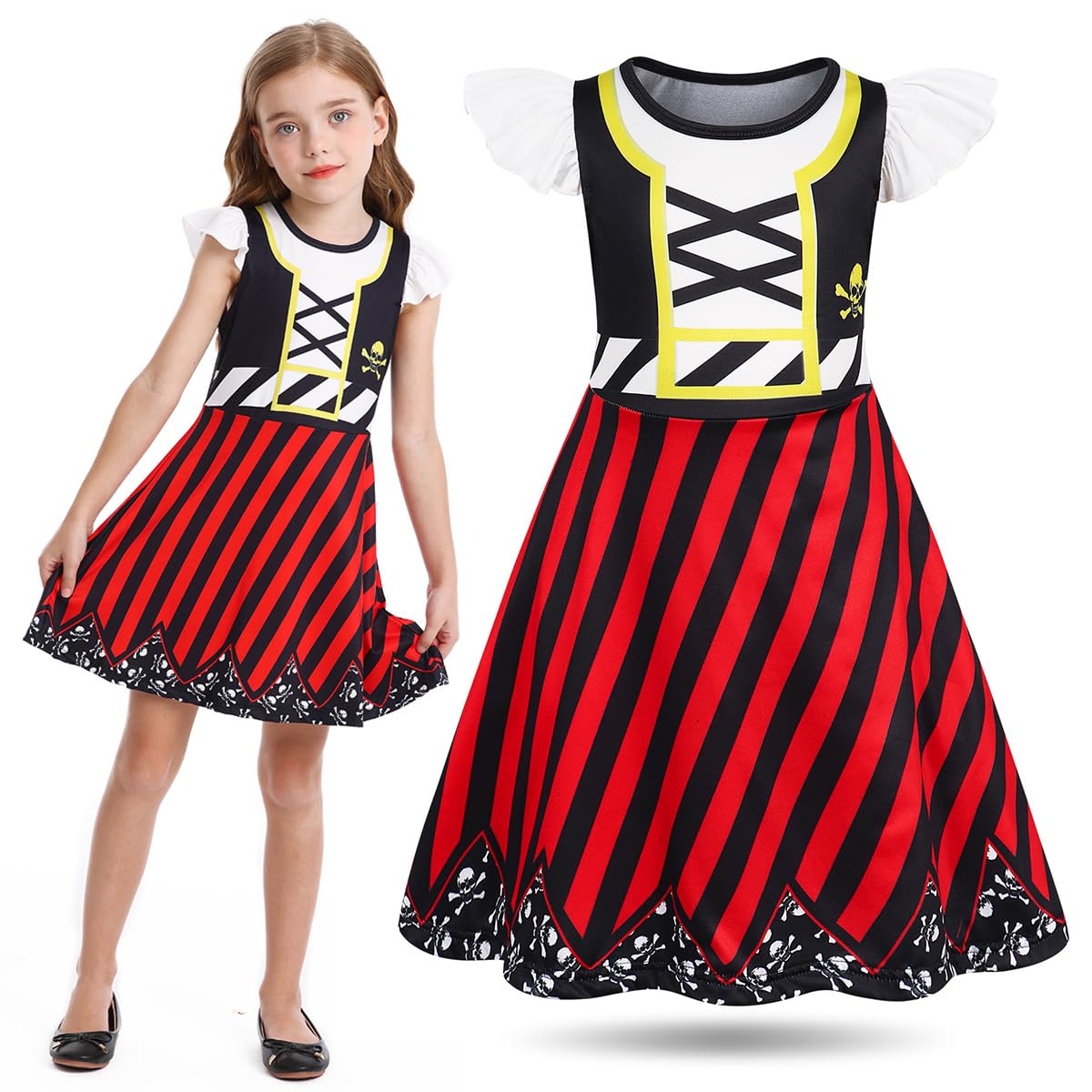 Sukyfecde Buccaneer dress front view for girls, comfy milk silk fabric and adventure-ready style.