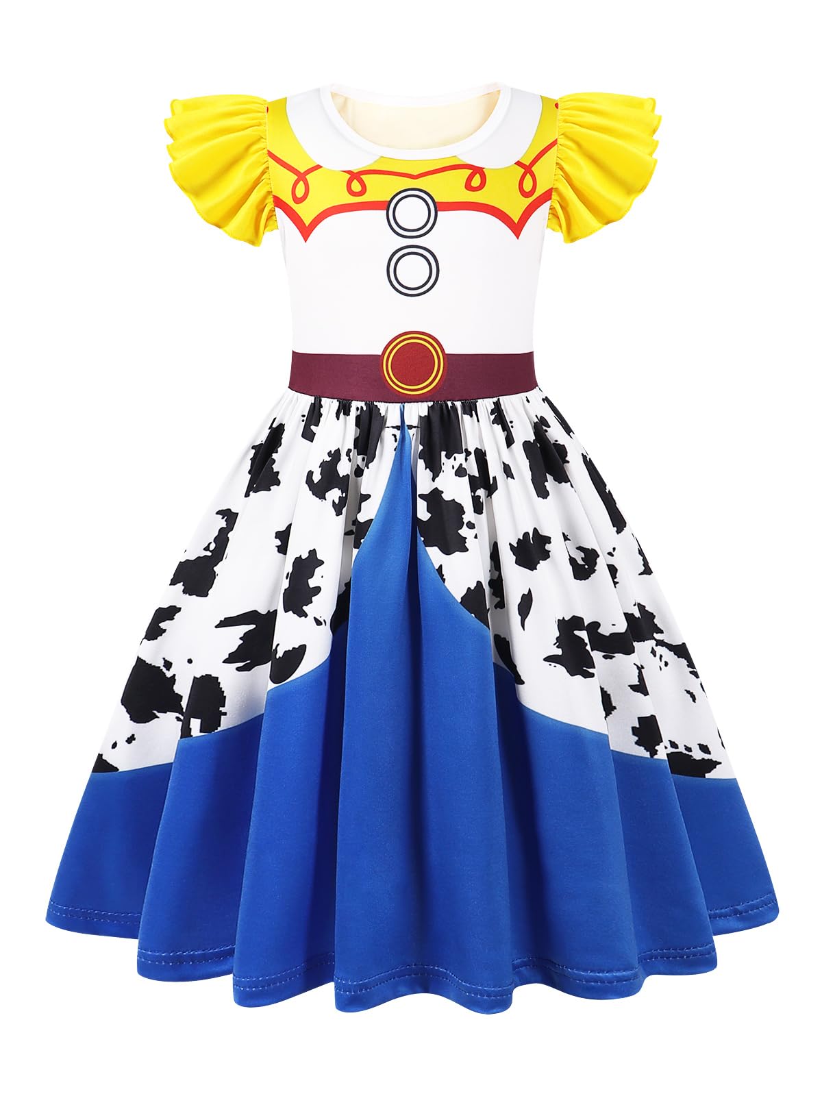 Sukyfecde cowgirl costume front view, soft yellow dress for pretend play