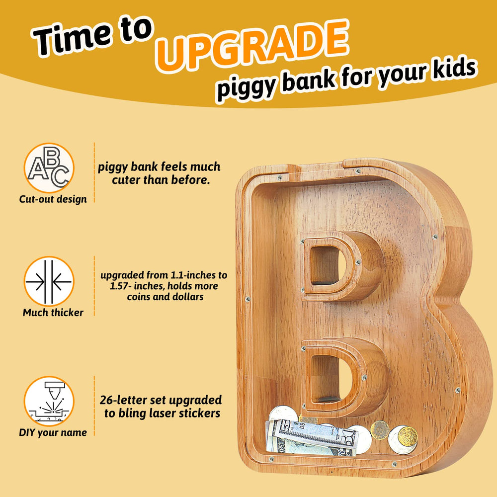 Sulevalt alphabet letter bank in durable wood with roomy coin capacity