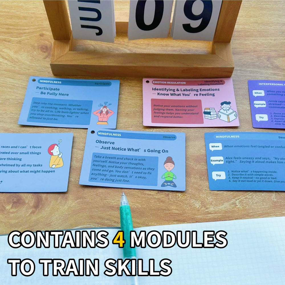 Sulieschen DBT flashcards in hand, easy-to-read layout for calm responses.