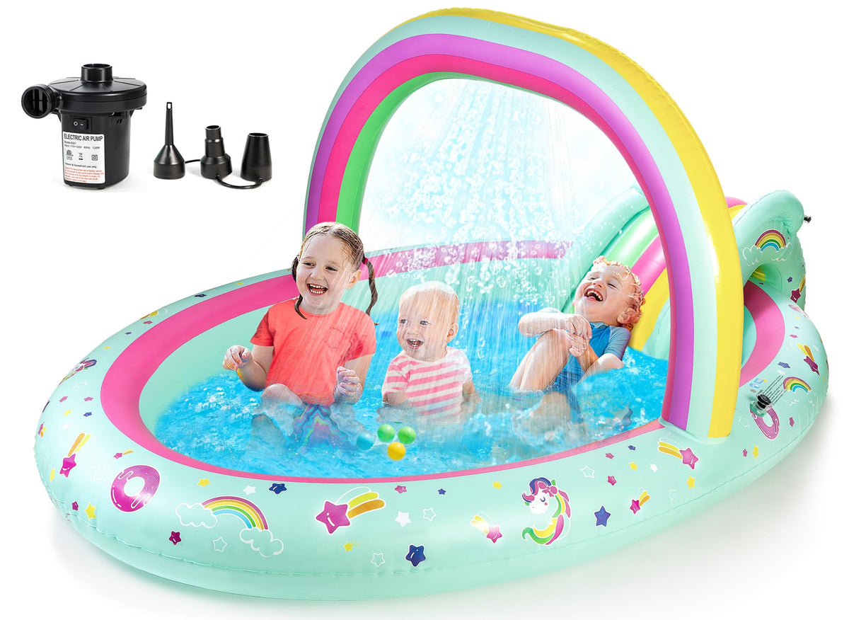 SULIFEEL Rainbow Unicorn Pool setup in backyard for safe, spacious splash fun.
