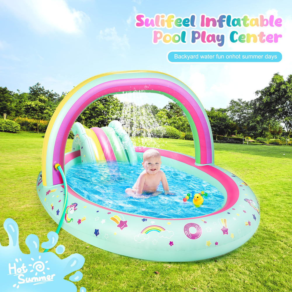 SULIFEEL Unicorn Pool slide attached for kid-friendly, energetic water play.