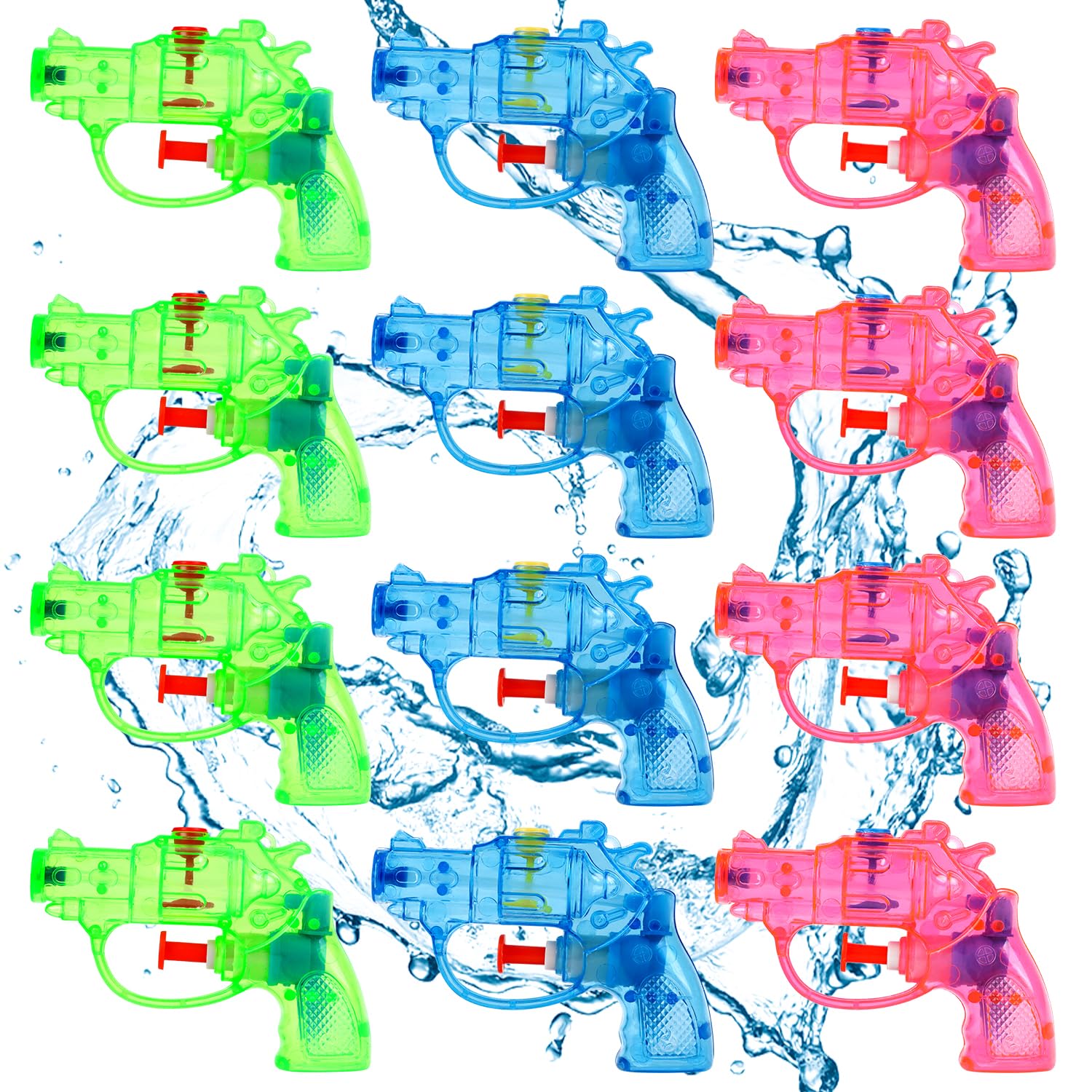 SULOLI 12-pack water guns in blue, green, and red for pool battles.