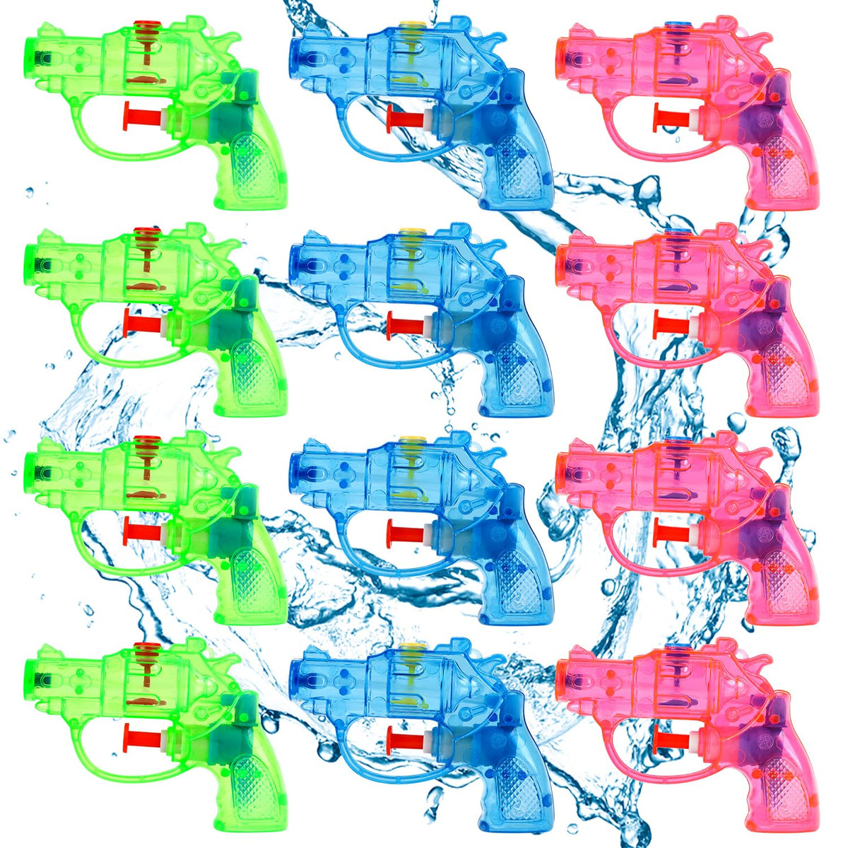 SULOLI 12-pack water guns in blue, green, and red for pool battles.