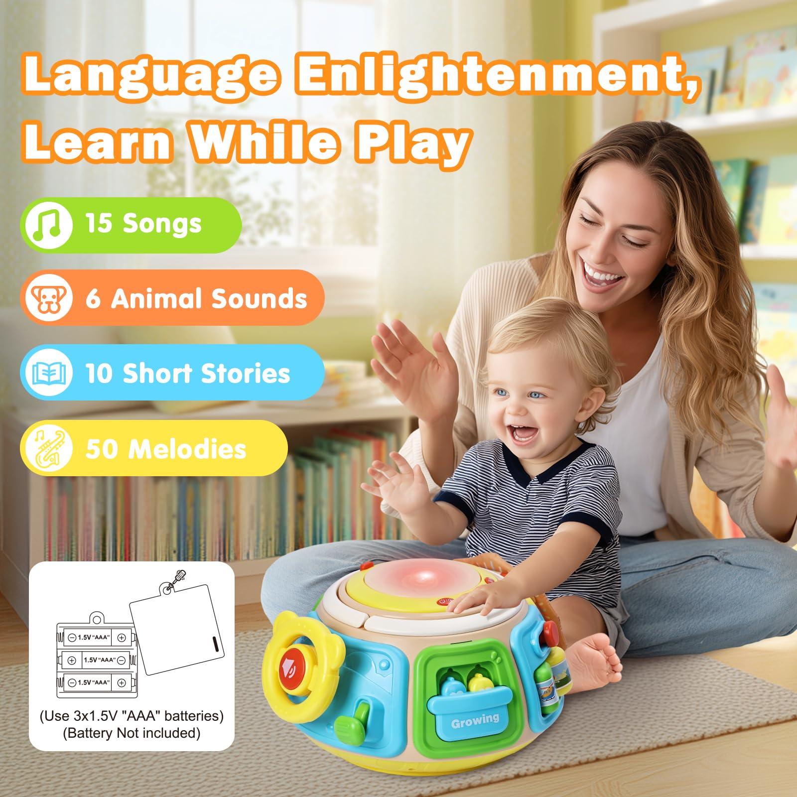 Sumapner 7-in-1 Activity Cube Drum, mini driver panel encouraging imaginative play and fine motor skills.