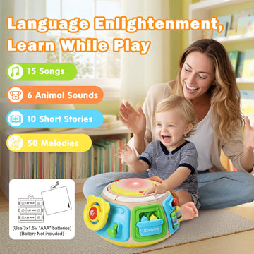 Sumapner 7-in-1 Activity Cube Drum, mini driver panel encouraging imaginative play and fine motor skills.