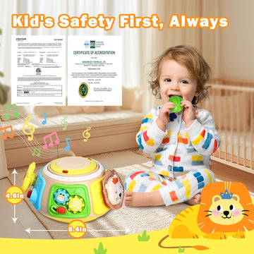 Sumapner 7-in-1 Activity Cube Drum, peekaboo panel supporting visual tracking and interaction.