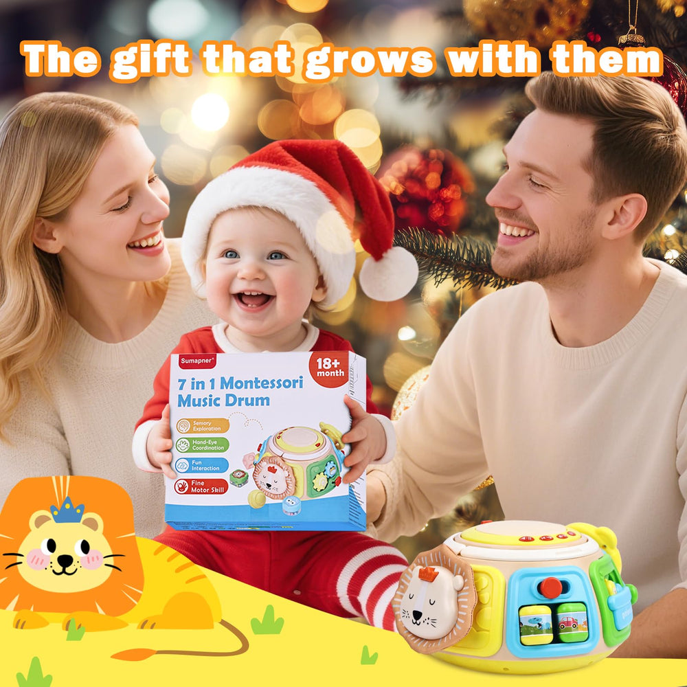 Sumapner 7-in-1 Activity Cube Drum, spinning gears stimulating exploration and hand-eye coordination.